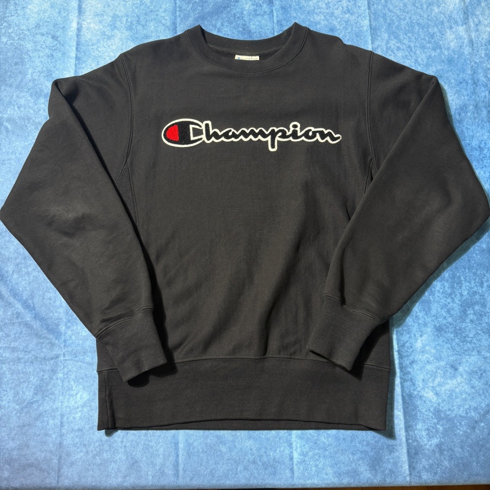 Y2K Champion Reverse Weave Big Logo Black Crewneck Sweatshirt Size S